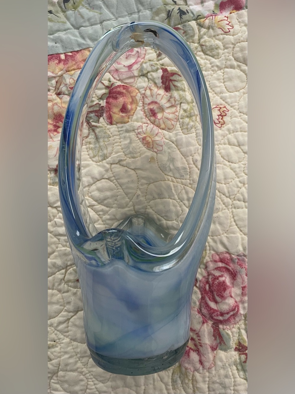 Blown Glass Basket Vase in Soft Blue